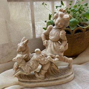 Cast Stone little girl and Lambs figurine